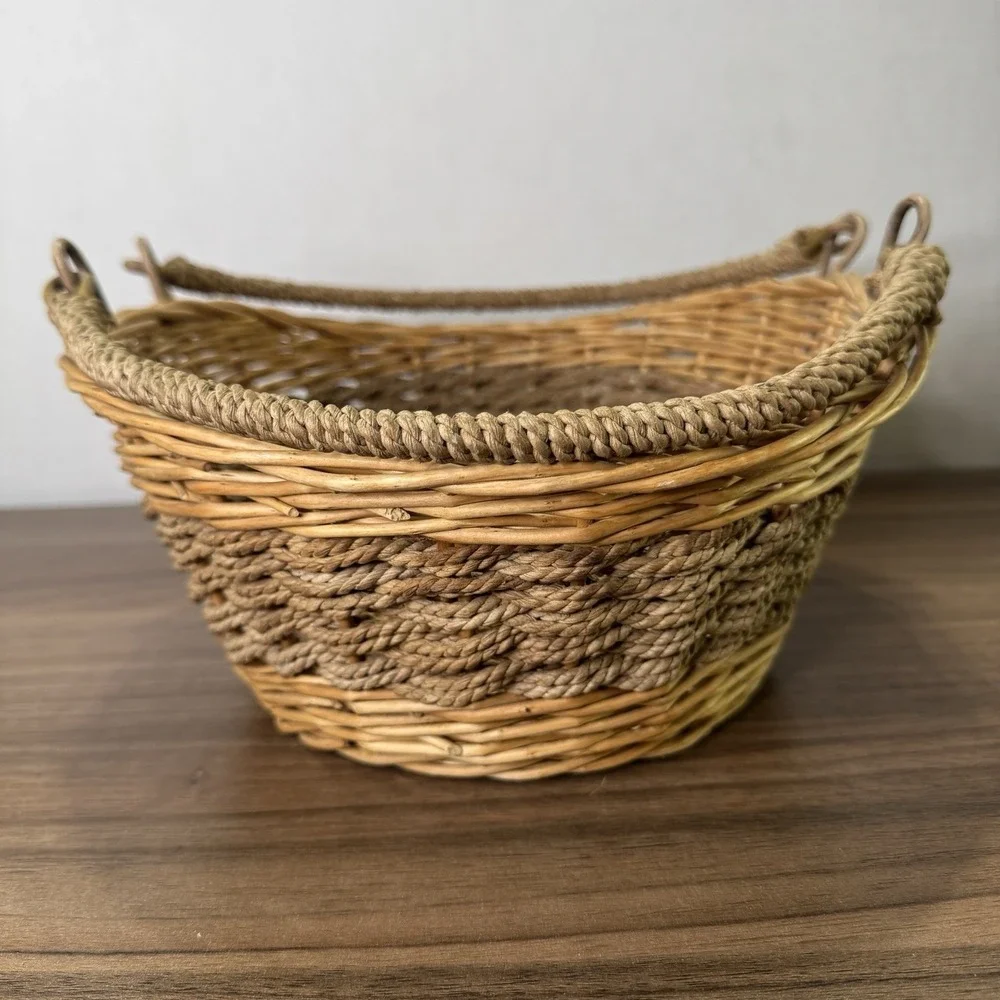 Vintage 1960's Boho Wicker Rattan Folding Handles‎ Hand Woven Basket 11x10